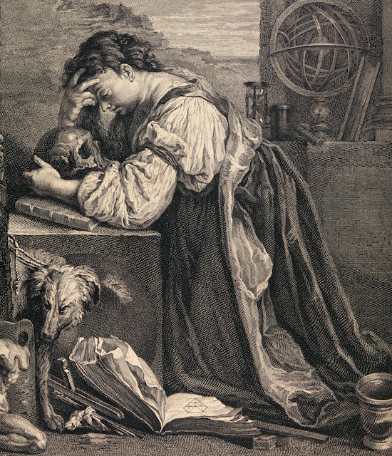 emo engraving of a woman at a desk embracing a skull