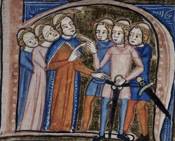 manuscript illustration of tonsured clerics pointing at each other in historiated initial