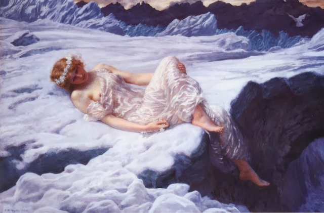 painting of woman in gauzy garment lounging in snow