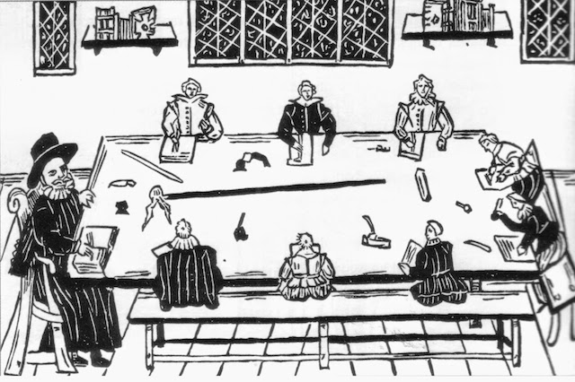 woodcut of master at table with impossibly tiny students