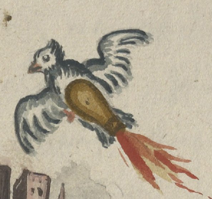 manuscript illustration of bird flying with flaming rocket attached