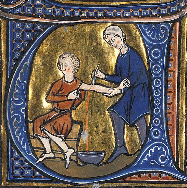 manuscript illustration of a person performing bloodletting on a patient's arm