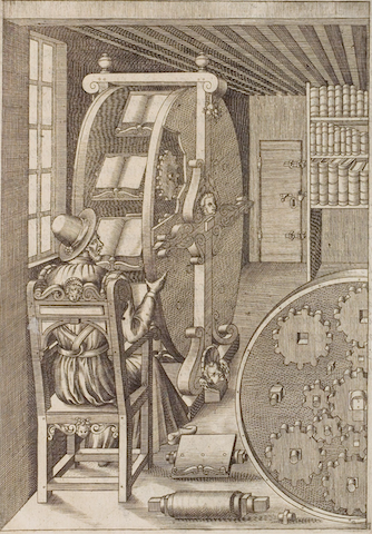 engraving of scholar with bookwheel