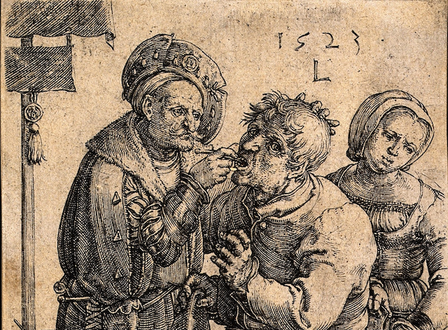 engraving of grim dentist and patient