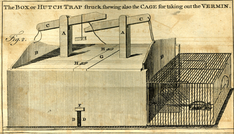 diagram of "the BOX or HUTCH TRAP struck shewing also the CAGE for taking out the VERMIN" with mouse in cage