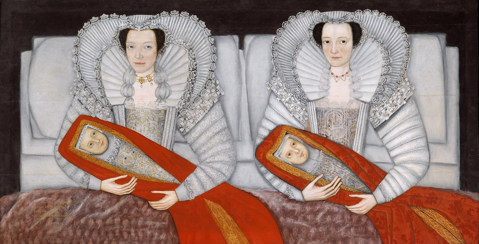 painting of identical women in bed with identical infants, all fancily dressed
