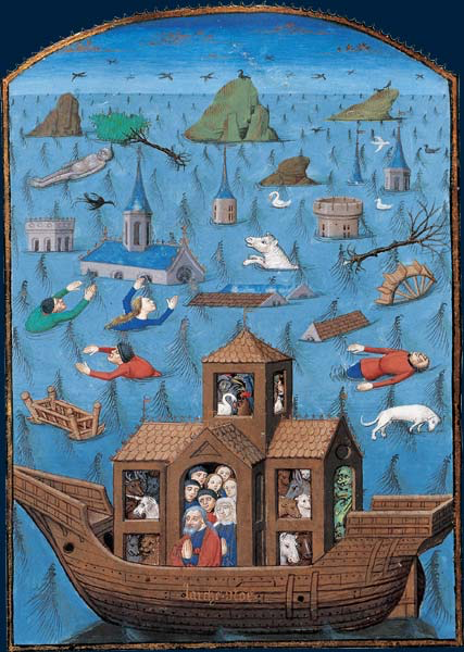 lush manuscript illustration of ark surrounded by floating debris