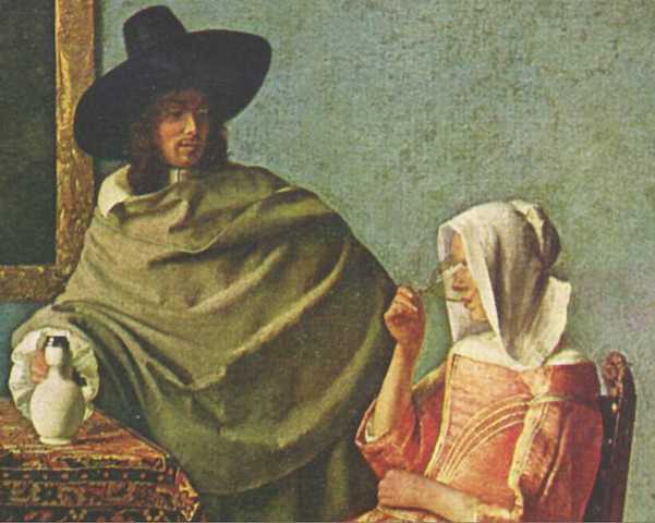 painting of man watching woman drink from wineglass