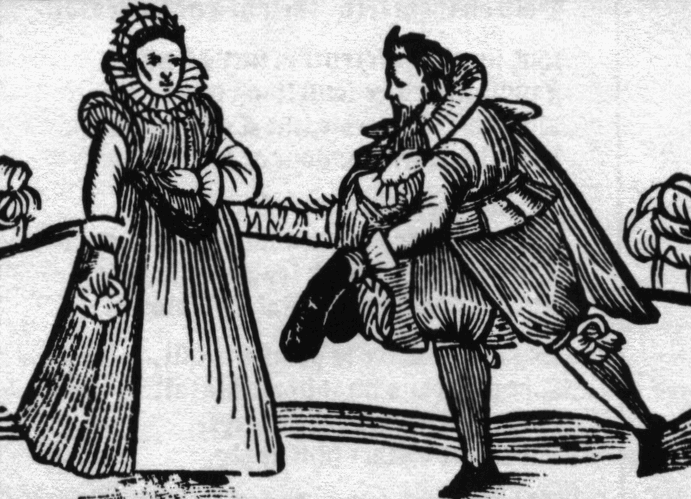 woodcut of man bowing toward alarmed-looking woman