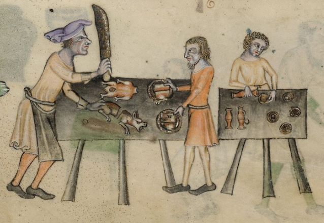 manuscript illustration of cooks at long table, one brandishing enormous knife