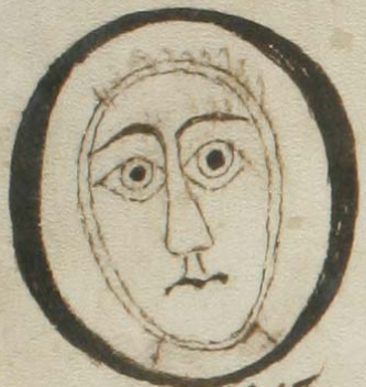 manuscript illustration of alarmed-looking face in capital O