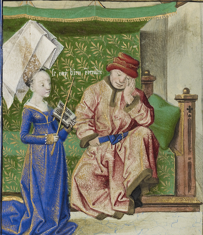 illumination of reclining man with hand on face, woman with open book