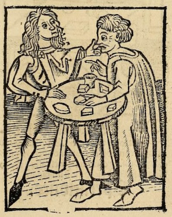 awkward woodcut of man touching other man's nose over a table