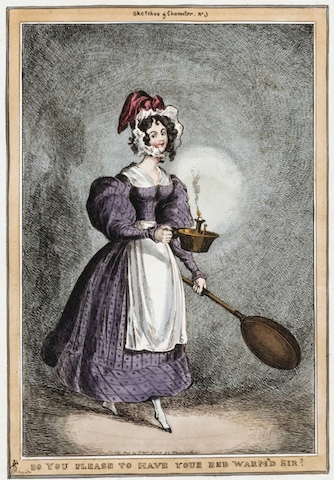 engraving of woman with bed-warmer and alluring gaze labeled "Do you please to have your bed warm'd sir?"