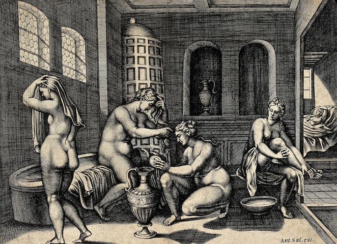 engraving of nude women bathing and grooming