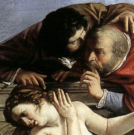 painting of woman recoiling from men's faces