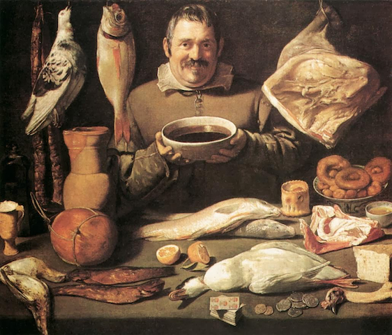 painting of man surrounded by meats and hanging animals, offering a bowl of dark liquid
