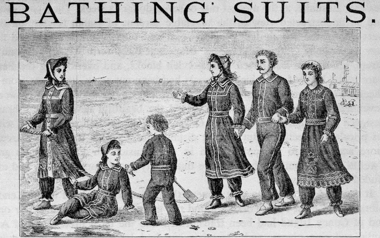 ad image of family at beach in piped wool swim outfits labeled "BATHING SUITS"