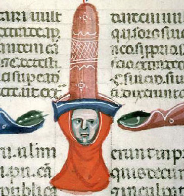 manuscript illustration of man's head in cowl and very tall, phallic hat
