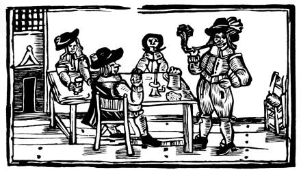 woodcut of people at table drinking and smoking