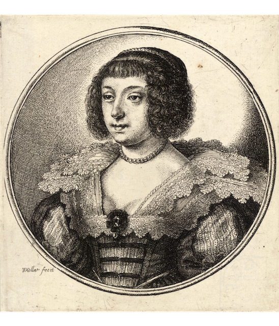engraving of a woman in fancy dress with pearls and dark hair