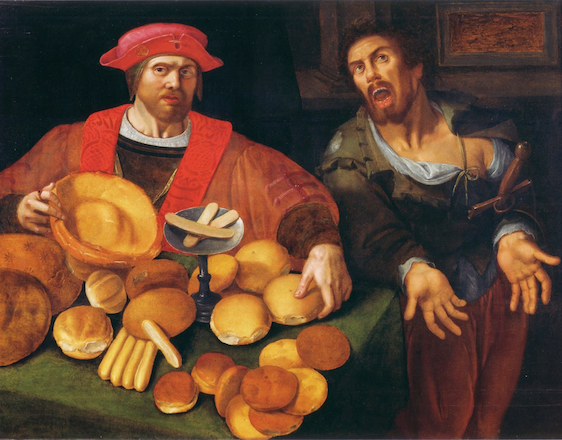 painting of rich man hoarding bread and poor man grimacing