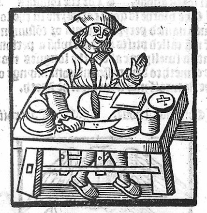 crude woodcut of man at table with foods, hand aloft