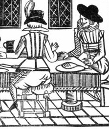 woodcut of two men at table