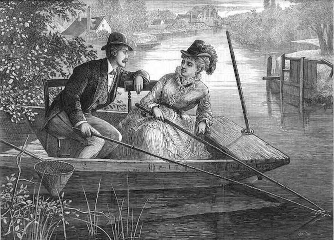 man lurching amorously toward uninterested woman, both in fishing boat with poles