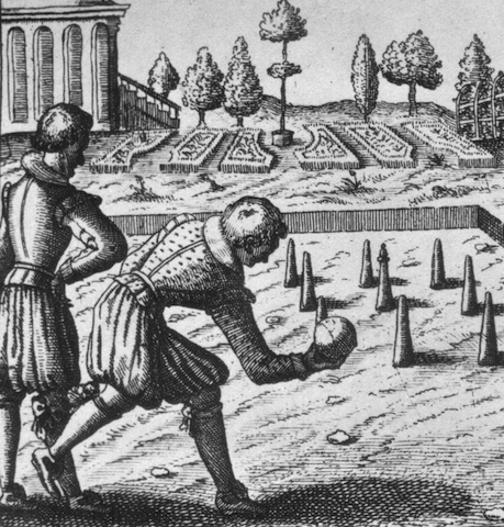 engraving of 17th-century men bowling