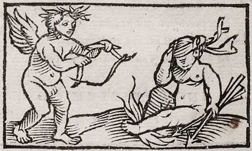 woodcut of two cupids, one covering face