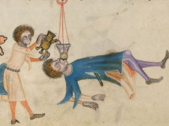 medieval illumination of one man pouring something into another's mouth via suspended funnel