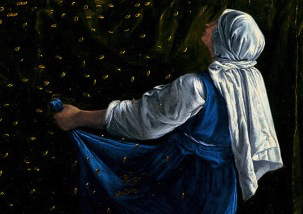 painting of woman gathering rain of coins in apron