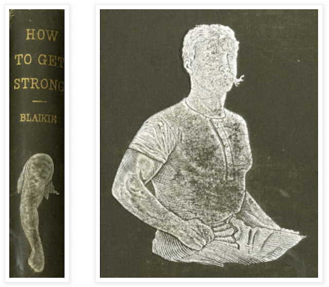 spine of How to Get Strong with disembodied biceps; cover of book with muscled, mustachioed man