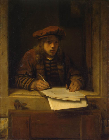 painting of man writing in semi-darkness