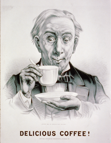 illustration of man gazing wildly at coffee cup, labeled "DELICIOUS COFFEE!"