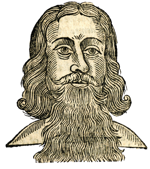 woodcut of man's face with long beard and hair