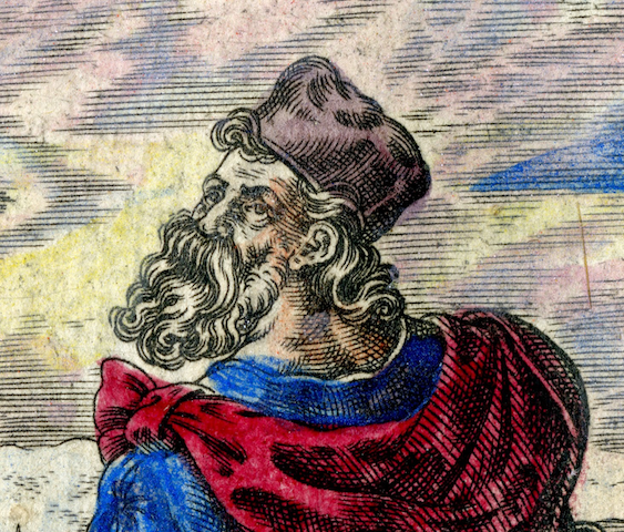 colored engraving of man with large beard