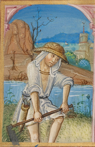 frowning laborer in field with straw hat and scythe