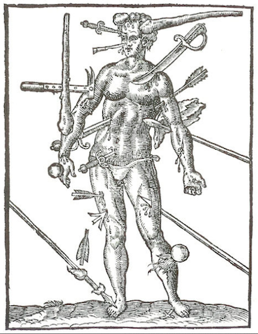 engraving of naked man standing, pierced by arrows, spears, cannonballs, swords