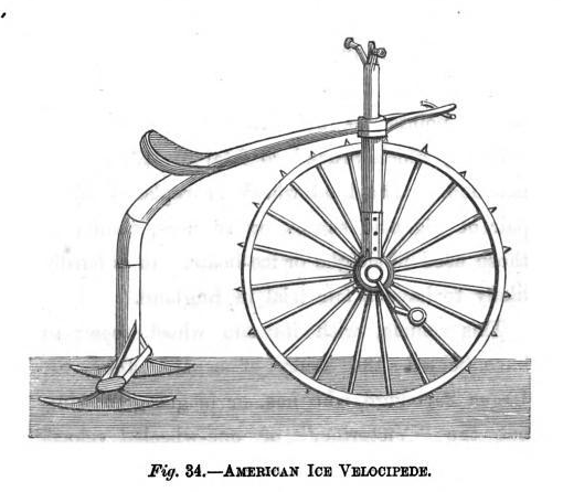 diagram of "American Ice Velocipede" with spiky front wheel and rear runners