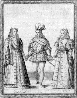 engraving of man flanked by women preparing to dance