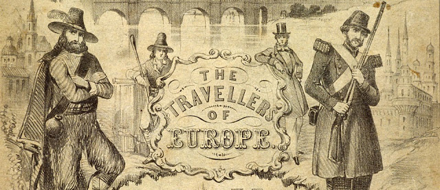 men standing by sign reading "The Travellers of Europe"