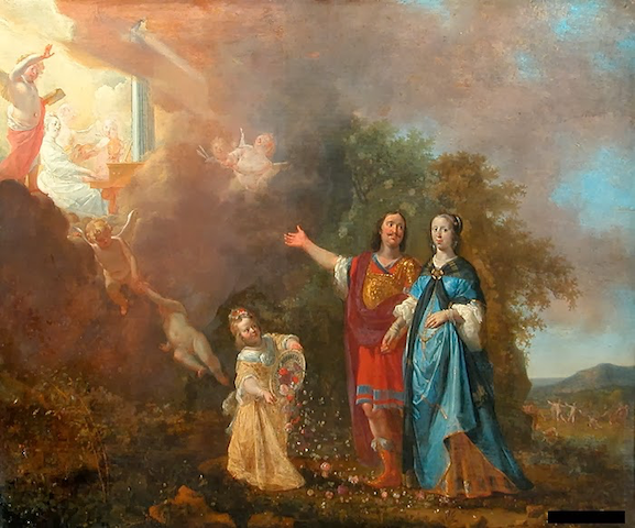 painting of woman unimpressed by man gesturing at celestial scene with cupids, flowers