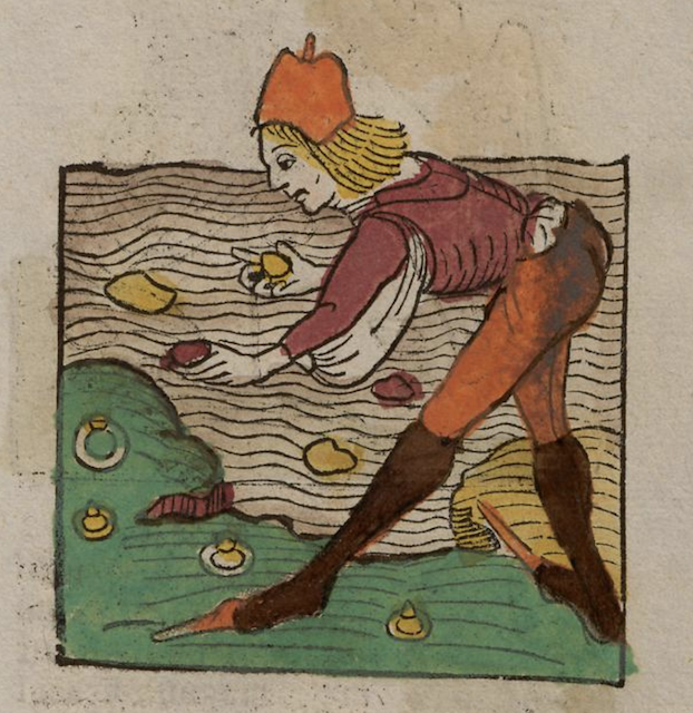 woodcut of a man in tight pants collecting gems from the ground