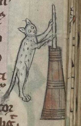 manuscript illustration of spotted cat operating butter churn in margin