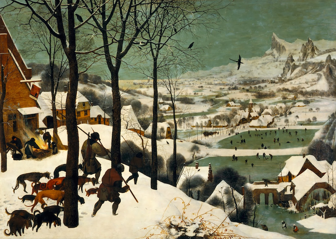 painting of hunters overlooking wintry town vista