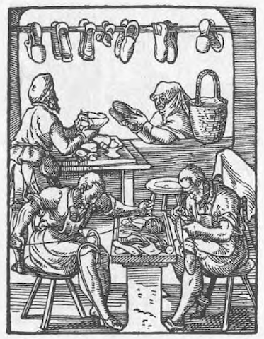 engraving of shoemakers at work