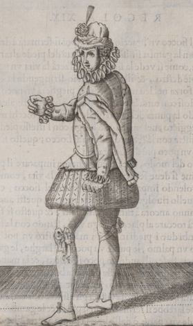 elegantly dressed man in 17th-century woodcut seen from behind, gazing over shoulder