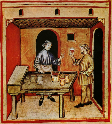 two figures at table with wine, one holding glass aloft